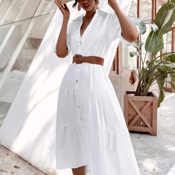 Boho White Button up Ruffle Short Sleeve Dress - Picture 6 of 7